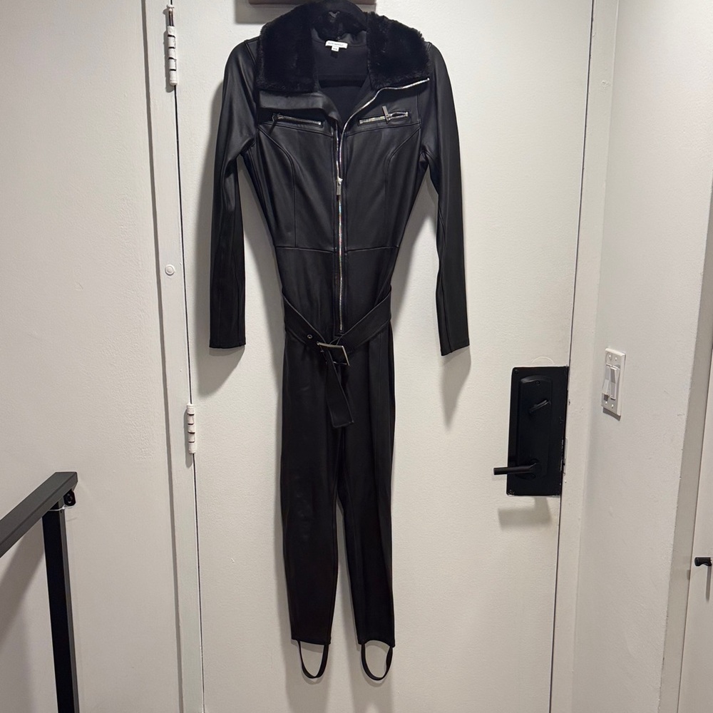 WeWoreWhat Black Faux Leather Ski/Jumpsuit with Belt